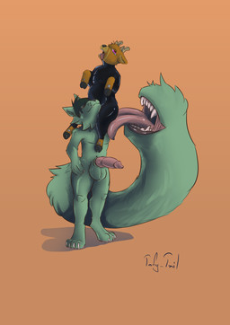 anthro bodily_fluids clothing crying fisting latex latex_clothing latex_skinsuit living_tail male male/male penetration size_difference skinsuit solo tail tail_mouth tears tight_clothing unusual_anatomy unusual_tail tafy_tail omen_(sambo48) tafy canid canine canis deer mammal wolf absurd_res hi_res