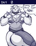a0n_(a0nmaster) a0nmaster alcohol anthro balls beverage big_balls big_breasts big_nipples big_pecs big_penis blush blush_lines bottomwear breasts canid canine canis chest_tuft clothed clothing collar comic dialogue domestic_dog english_text fit_to_fat genitals hotpants huge_balls huge_penis hyper hyper_balls hyper_genitalia hyper_penis male mammal muscular muscular_anthro muscular_male nipples nordic_sled_dog one_eye_closed pecs penis samoyed shirt shorts solo speech_bubble spitz tank_top text topwear tuft weight_gain