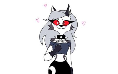 anthro blush clothing collar female fingerless_gloves fur gloves grey_body grey_fur grey_hair hair handwear heart_symbol looking_at_viewer red_sclera simple_background smile solo spiked_collar spikes white_body white_eyes white_fur emositecc hellaverse helluva_boss mythology loona_(helluva_boss) canid canid_demon canine demon hellhound mammal mythological_canine mythological_creature colored hi_res
