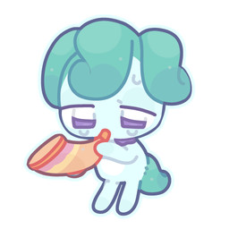 blowing blue_body blue_line_art chibi female hair holding_musical_instrument holding_object horn_(musical_instrument) musical_instrument purple_eyes simple_background standing tail teal_hair white_background wind_instrument humaki catch!_teenieping samg_entertainment sighping_(catch!_teenieping) elf unknown_species 1:1 colored_line_art hi_res
