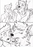 2_panel_comic 5_fingers anthro biceps black_nose blush blush_lines breasts burger cheek_tuft clothing detailed_fur duo eating eating_food exclamation_point eyebrows eyelashes eyes_closed face_lick facial_tuft fangs female fingers food fries fur hair humor larger_anthro larger_female licking licking_another male mlem_(sound_effect) muscular muscular_anthro muscular_female neck_tuft open_mouth shirt short_hair simple_background size_difference small_fangs smaller_human smaller_male surprise tank_top teeth text thick_eyebrows tongue tongue_out topwear tuft ellievalentine lydia_(ellievalentine) sam_(ellievalentine) canid canine canis human mammal wolf 2025 comic detailed digital_drawing_(artwork) digital_media_(artwork) english_text hi_res monochrome signature