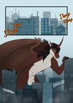 animal_genitalia anthro city destroying fully_sheathed genitals group horn macro macro_focus male muscular sheath solo_focus wings cynthiafeline mythology equid equine horse mammal mythological_creature mythological_equine unicorn winged_unicorn comic hi_res