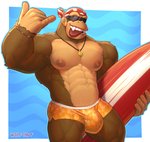 5_fingers abs anthro bracelet brown_body brown_fur bulge clothed clothing eyewear fingers fur gesture hand_gesture holding_object holding_surfboard jewelry kerchief male muscular muscular_anthro muscular_male necklace nipples pecs shaka_sign solo sunglasses surfboard tailless teeth tongue tongue_out topless vehicle vein watercraft wolf-con-f donkey_kong_(series) nintendo funky_kong ape haplorhine mammal primate artist_name hi_res