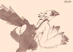 2023 accipitriform anthro ass_up avian beak bedroom_eyes biped bird butt eyewear feathers female genitals glasses goolee looking_at_viewer looking_back looking_back_at_viewer monochrome narrowed_eyes nii_(anidra) nude pinup pose presenting presenting_hindquarters pussy rear_view secretary_bird seductive sepia signature solo tail