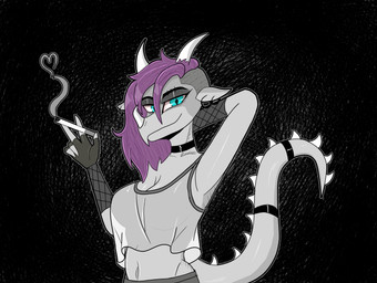 abstract_background alternate_costume alternative_fashion anthro armwear big_breasts blue_eyes breasts choker cigarette clothing crop_top ear_piercing ear_ring facial_horn female fingerless_gloves fingers fishnet_armwear fishnet_clothing front_view gloves goth grey_body hair hand_behind_head handwear heart_symbol holding_cigarette holding_object horn humanoid_hands jewelry long_hair long_tail looking_at_viewer navel necklace non-mammal_breasts non-mammal_navel piercing pose purple_hair ring_piercing shirt smile smoke solo spiked_tail spikes spikes_(anatomy) standing tail topwear translucent translucent_clothing translucent_topwear gothgator0 goodbye_volcano_high ko_op_(game_developer) reeve_(gvh) aquilops ceratopsian dinosaur marginocephalian ornithischian prehistoric_species reptile scalie absurd_res half-length_portrait hi_res portrait restricted_palette