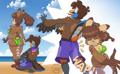 anthro beach bikini breasts butt_slap clothing cloud duo female male sea sky slap swimming_trunks swimwear two-piece_swimsuit water jayheartwing i_will_survive_slap will_smith_slapping_chris_rock jay_(sammfeatblueheart) ria_(sammfeatblueheart) avian bird lagomorph leporid mammal rabbit trogon trogonid absurd_res hi_res
