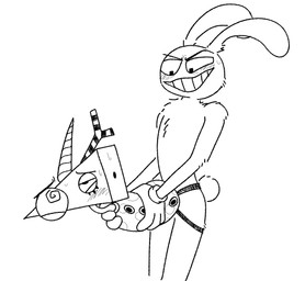 ambiguous_gender anthro blush bodily_fluids clothing duo eye_roll gloves gloves_only grin handwear handwear_only holding_partner limbless male mostly_nude null null_penetrated smile strapon sweat chimeracocks glitch_productions the_amazing_digital_circus jax_(tadc) zooble_(tadc) animate_inanimate digital_creature lagomorph leporid mammal rabbit