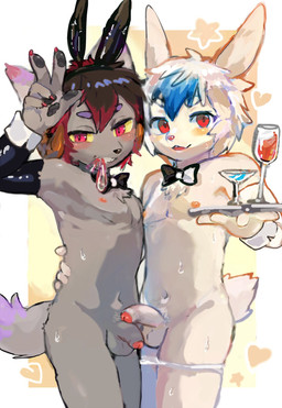 2_horns adolescent adolescent_on_adolescent anthro balls bedroom_eyes black_body blush bodily_fluids bottomless bow_tie bunny_costume bunny_headband clothed clothing condom condom_in_mouth container costume cup drinking_glass duo flaccid foreskin genitals glass glass_container glass_cup hair hand_on_back horn humanoid_genitalia humanoid_penis kemono looking_at_viewer male male/male mouth_hold narrowed_eyes nervous nervous_smile object_in_mouth partially_clothed partially_retracted_foreskin penis pubes red_eyes seductive sexual_barrier_device side_by_side simple_background sleeves slim smile smirk standing sweat underwear underwear_down waiter white_body white_hair wine_glass young young_anthro young_male young_on_young skollchan skool_(skoll) canid canine canis hybrid mammal wolf hi_res