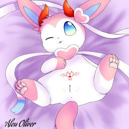 anus blue_eyes chibi female feral genitals lying one_eye_closed pawpads paws pink_body pink_pawpads solo tattoo tongue tongue_out vulva white_body womb_tattoo aleuoliver nintendo pokemon eeveelution generation_6_pokemon pokemon_(species) sylveon 1:1 hi_res
