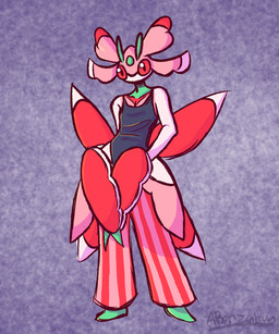 antennae_(anatomy) anthro bottomwear clothing female hands_together one-piece_swimsuit pants pattern_bottomwear pattern_clothing pattern_pants pink_eyes solo standing striped_bottomwear striped_clothing striped_pants stripes swimwear abonzabay nintendo pokemon arthropod generation_7_pokemon humanoid insect lurantis mantis pokemon_(species) hi_res
