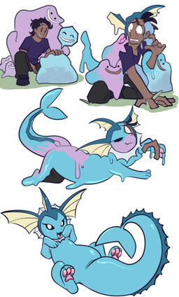 ambiguous_gender black_hair blue_body bottomwear clothing feral footwear goo_transformation group hair human_to_feral looking_at_viewer lying male merging on_back pants pawpads shirt shoes simple_background smile species_transformation surprised tail topwear transformation white_background la-frugele nintendo pokemon ditto_(pokemon) eeveelution generation_1_pokemon human mammal pokemon_(species) vaporeon 2026 digital_media_(artwork) hi_res