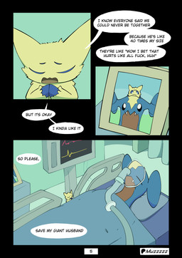 blue_eyes cardiac_monitor dialogue duo eyes_closed feral fur hospital medical_instrument picture_frame praying praying_hands profanity scientific_instrument speech_bubble text unconscious yellow_body yellow_fur muzzzzz nintendo pokemon garchomp generation_4_pokemon generation_5_pokemon joltik pokemon_(species) 2026 absurd_res comic digital_media_(artwork) english_text hi_res