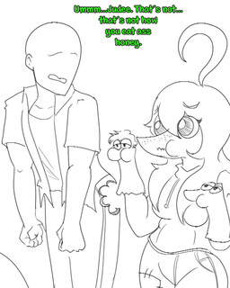 ahoge anthro bald bite_mark bite_mark_on_butt bottomwear breasts clothing denim denim_bottomwear denim_clothing dialogue duo eyelashes female freckled_face freckles hair hand_puppet hoodie jeans long_hair male pants patch_(fabric) snout text topwear arsenic_iii cavemanon_studios puppet_pals snoot_game anon_(snoot_game) judee dinosaur human mammal prehistoric_species reptile saurischian scalie theropod troodon troodontid 2025 english_text hi_res monochrome sketch