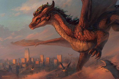 ambiguous_gender beak building city city_background cityscape claws cloud day detailed_background detailed_scales feathered_wings feathers feral finger_claws flying group horn long_neck membrane_(anatomy) membranous_wings modern_architecture outside red_body red_scales scales sky skyscraper snout wing_claws wings yellow_eyes alsares european_mythology mythology avian bird dragon mythological_creature mythological_scalie scalie western_dragon detailed english_description shaded
