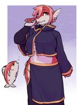 anthro biped black_clothing breasts clothing female hair looking_at_viewer multicolored_body pink_hair red_body solo two_tone_body white_body yellow_eyes iriedono runa_(wrendog) fish marine scombrid scombriform tuna 2023 digital_media_(artwork)