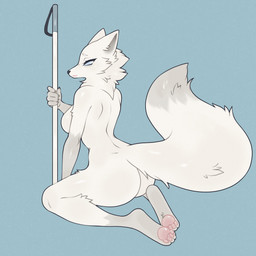anthro big_butt blind blue_background blue_eyes breasts butt dipstick_tail disability featureless_breasts feet female fluffy fur gloves_(marking) grey_body grey_fur leg_markings markings nude pawpads paws rear_view simple_background socks_(marking) solo tail tail_markings white_body white_cane white_fur moonphase249 arctic_fox canid canine fox mammal true_fox 1:1 hi_res