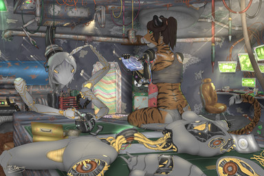 ambiguous_gender anthro black_stripes brown_hair cable cybernetic_arm cybernetic_limb cybernetics detachable detachable_arms detachable_head detachable_limbs duo electronics female grey_body hair inside machine orange_body sitting stripes wire eli_nygma meghma_(eli_nygma) nana_(eli_nygma) arthropod cyborg felid insect mammal mantis pantherine robot tiger 2021 3:2