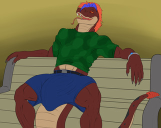 anthro balls belt bench big_balls big_bulge big_penis big_tail bottomwear bulge clothed clothing detailed_bulge genitals half-closed_eyes huge_bulge huge_penis hyper hyper_genitalia hyper_penis leaning leaning_backward looking_at_viewer male muscular narrowed_eyes penis public revealing_outfit seductive shorts sitting solo spread_legs spreading tail teasing thick_tail tight_bulges toga tongue tongue_out conditional_dnp samagthrav2 hane_w_maxwell_(hane) reptile scalie snake absurd_res hi_res