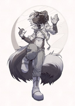 abstract_background anthro biped boots bottomwear bracelet cigarette clothing crop_top cropped_jacket denim denim_bottomwear denim_clothing ear_piercing facial_piercing fluffy fluffy_tail footwear fur hair holding_cigarette holding_object industrial_piercing jacket jeans jewelry lip_piercing looking_at_viewer looking_down male midriff navel pants piercing ring shirt shoes solo spiked_bracelet spikes tail topwear bassarisky mammal mephitid skunk digital_media_(artwork) greyscale hi_res monochrome