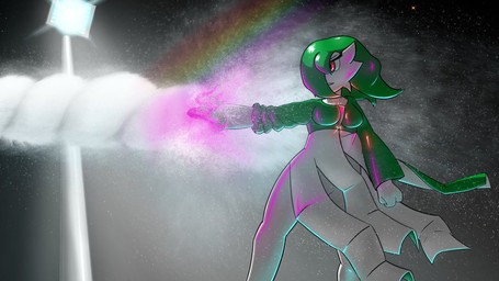 attack female green_hair hair lamp light night rainbow red_eyes solo ghostth39 nintendo pokemon ruby_(ghostth39) gardevoir generation_3_pokemon pokemon_(species) 16:9 2021 hi_res widescreen