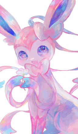 ambiguous_gender blue_body blue_eyes blue_fur blue_inner_ear blue_markings blush bow_(anatomy) digitigrade feral flower fur gloves_(marking) holding_flower holding_object markings one_fang open_mouth open_smile pink_body pink_fur pink_markings plant quadruped ribbons simple_background sitting smile solo sparkles sparkling_eyes white_background white_body white_flower white_fur meariiako nintendo pokemon eeveelution generation_6_pokemon mammal pokemon_(species) sylveon absurd_res hi_res