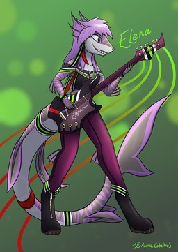 anthro boots breasts cleavage clothed clothing ear_piercing ear_ring electric_guitar female fin footwear guitar legwear musical_instrument non-mammal_breasts piercing plucked_string_instrument ring_piercing rock_(genre) shoes smile solo string_instrument tights azural_cobaltros elena_(destania_adriana_viriathus_taylor) aquatic fish shark 2020 hi_res