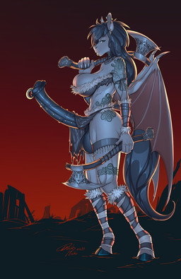 animal_genitalia animal_penis anthro axe balls big_breasts big_penis breasts ear_piercing ear_ring equine_genitalia equine_penis facial_piercing frenum_ladder frenum_piercing genital_piercing genitals gynomorph huge_penis intersex ladder_piercing looking_at_viewer melee_weapon nose_piercing nose_ring penis penis_piercing piercing prince_albert_piercing ring_piercing side_view solo tattoo weapon wings bakuhaku equid equine mammal 2019 hi_res