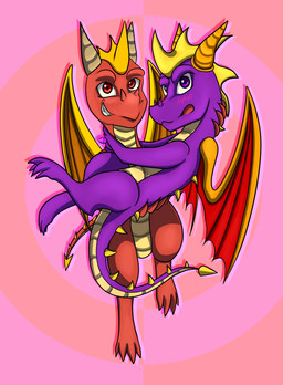 carrying_another carrying_partner claws duo feral horn male male/male membrane_(anatomy) membranous_wings purple_eyes red_eyes smile spines tail wings roxasfin activision mythology spyro_the_dragon flame_(spyro) spyro dragon mythological_creature mythological_scalie scalie