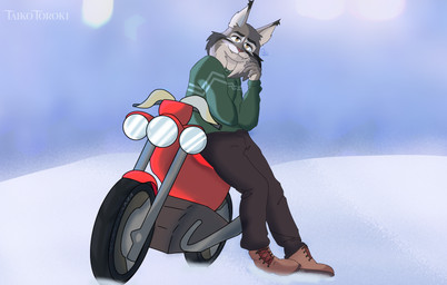 anthro boots clothing footwear green_clothing green_sweater green_topwear grin male motorcycle shoes smile snow solo sweater topwear vehicle yellow_eyes yokohamatires taiko_toroki disney zootopia pawbert_lynxley felid feline lynx mammal absurd_res hi_res