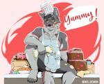 anthro apron baking balls biped bulge cake clothing cooking dessert erection food fur genitals icing licking looking_at_viewer male muscular muscular_anthro muscular_male paws penis simple_background sitting slightly_chubby smile solo tongue tongue_out nelldemon cardex_wolfox canid canine canis mammal wolf 2018 digital_media_(artwork)