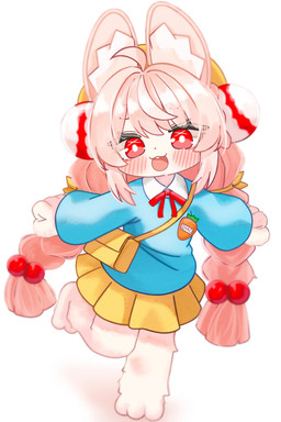 anthro barefoot blue_clothing blue_shirt blue_topwear blush bottomwear braided_pigtails clothed clothed_anthro clothing feet female flat_chested fully_clothed fully_clothed_anthro fur hair inner_ear_fluff kindergarten_uniform open_mouth pink_body pink_fur pink_hair red_eyes shirt simple_background skirt solo topwear tuft white_background yellow_bottomwear yellow_clothing yellow_skirt myappi_artenya mihoyo zenless_zone_zero zhao_(zenless_zone_zero) lagomorph leporid mammal rabbit thiren 2026 absurd_res hi_res