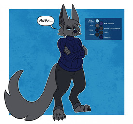 anthro barefoot bottomwear clothed clothed_anthro clothed_female clothing crossed_arms ears_up feet female frown fur half-closed_eyes mouth_closed narrowed_eyes pants shirt solo speech_bubble standing tail text topwear awoogasm serena_(awoogasm) canid canine canis mammal wolf 2020 model_sheet