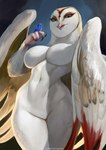 anthro beak big_breasts breasts duo feathers featureless_breasts featureless_crotch female feral holding_animal looking_at_viewer nude open_mouth outside smile solo_focus standing text thick_thighs white_body wings juliathedragoncat guardians_of_ga'hoole nyra_(gogh) avian barn_owl bird owl tyto tytonid 2023 hi_res