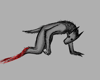 ambiguous_gender anthro black_eyes blood blood_on_floor bodily_fluids claws dismemberment fur gore grey_body grey_fur horror_(theme) missing_limb severed_body_part severed_leg severed_limb solo tail varinating canid mammal monster 5:4 low_res