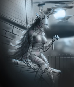 2_horns 4_fingers anthro antlers areola biped black_hair blindfold breasts butt chain female fingers hair horn light medium_breasts moon moonlight navel night nipples nude outside pose sitting solo wide_hips huglust bloodborne fromsoftware sony_corporation sony_interactive_entertainment vicar_amelia canid canine cleric_beast_(bloodborne) mammal greyscale hi_res monochrome pinup portrait three-quarter_portrait