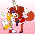 anthro armwear blue_eyes blush clothed clothing dress duo elbow_gloves female flirting footwear fur gloves hair handwear high_heels holidays makeup male male/female mistletoe plant ponytail santa_dress shoes simple_background strapless_clothing strapless_dress chelledoggo christmas sega sonic_the_hedgehog_(series) jenna_the_vixen miles_prower canid canine fox mammal red_fox true_fox digital_media_(artwork) hi_res