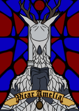 antlers bandage boss chain female fur horn medal praying solo stained_glass signum-factorem bloodborne fromsoftware sony_corporation sony_interactive_entertainment vicar_amelia humanoid monster absurd_res hi_res