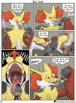 anthro duo extreme_size_difference fur male male/male male_pred male_prey micro mouth_shot open_mouth red_body red_fur shrunk size_difference text tongue tongue_out tuft vore white_body white_fur yellow_body yellow_fur arkailart nintendo pokemon canid canine delphox generation_6_pokemon mammal pokemon_(species) absurd_res comic digital_media_(artwork) english_text hi_res url