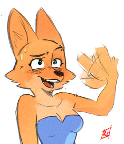 afterimage anthro barbell_piercing bare_shoulders bent_arm big_ears big_eyes black_blush black_eyebrows black_nose blue_clothing blue_dress blush blush_lines bodily_fluids breasts cheek_tuft cleavage clothed clothed_anthro clothed_female clothing dress eyebrow_piercing eyebrows eyelashes facial_piercing facial_tuft fangs fanning female fingers fur fur_tuft glistening glistening_eyes green_eyes inner_ear_fluff iris light_body light_fur looking_forward medium_breasts motion_lines multicolored_body multicolored_fur open_mouth open_smile orange_body orange_ears orange_fur orange_inner_ear_fluff piercing pointy_ears prick_ears pupils raised_eyebrow red_tongue simple_background smile snout solo strapless_clothing strapless_dress sweat sweatdrop tan_body tan_breasts tan_fur teeth three-quarter_view tongue tuft two_tone_body two_tone_fur white_background white_sclera osdsys dreamworks the_bad_guys diane_foxington canid canine fox mammal 2025 digital_drawing_(artwork) digital_media_(artwork) half-length_portrait portrait signature
