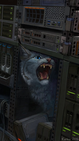 ambiguous_gender blue_eyes computer electronics fangs feral fur open_mouth server solo technology teeth whiskers karbik_(artist) karbik_(fursona) felid feline lynx mammal 2016