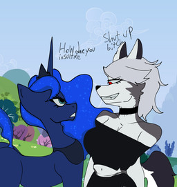 angry anthro armor big_breasts big_butt blue_body blue_mane breasts butt clothed clothed_anthro clothing duo female feral grin insult looking_at_another mane peytral profanity smile katokittercats friendship_is_magic hasbro hellaverse helluva_boss my_little_pony loona_(helluva_boss) princess_luna_(mlp) canid canine equid equine horse mammal pony absurd_res digital_drawing_(artwork) digital_media_(artwork) half-length_portrait hi_res portrait