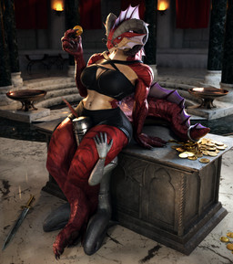 alternate_species anthro armor breasts claws clothed clothing coin detailed_background duo eyewear feet female glasses gold_(metal) gold_coin hand_on_leg hand_on_thigh headgear helmet holding_object horn inside kneeling knight male male/female melee_weapon membrane_(anatomy) multicolored_body multicolored_scales partially_clothed piercing red_body red_scales red_skin ring ring_(jewelry) scales sitting squish sword tail tan_body tan_scales thick_thighs thigh_squish toe_claws toes two_tone_body two_tone_scales warrior weapon wearing_glasses white_eyes ivorylagiacrus mythology melissa_belladonna dragon human mammal mythological_creature mythological_scalie scalie 2025 3d_(artwork) absurd_res blender_(artwork) digital_media_(artwork) hi_res