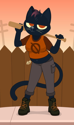 anthro baseball_bat bat_(object) belly belly_peeking_out biped black_body black_fur bottomwear breasts clothed clothing female fence footwear fur holding_baseball_bat long_tail looking_at_viewer narrowed_eyes navel pants shirt shoes sidewalk sky slightly_chubby slightly_chubby_anthro slightly_chubby_female smile smirk solo standing t-shirt tail topwear utility_pole whiskers dm29 night_in_the_woods mae_borowski domestic_cat felid feline felis mammal 2026 digital_media_(artwork) full-length_portrait hi_res portrait signature