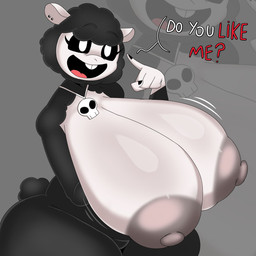 5_fingers anthro big_breasts black_body black_fur bone breasts buckteeth dream female fingers fur huge_breasts nightmare nipples skull skull_head solo teeth text white_body white_eyes wool_(fur) lokbunny17 mob_entertainment nightmare_critters poppy_playtime baba_chops_(poppy_playtime) bovid caprine mammal sheep 1:1 english_text hi_res