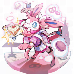 alternative_fashion ambiguous_gender blue_eyes blush blush_lines bow_(anatomy) bow_ribbon cake clothed clothed_feral clothing cookie dessert dress electronics feral food fur j-fashion lolita_(fashion) macaron_(food) microphone multicolored_body one_eye_closed paws pink_body pink_fur pretzel_(food) ribbons_(anatomy) solo sparkles sweet_lolita tail waiter wasawasa nintendo pokemon eeveelution generation_6_pokemon pokemon_(species) sylveon 1:1 2025 signature