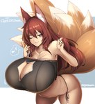 5_fingers 9_tails big_breasts biped black_bra black_clothing black_panties black_underwear blue_background blue_eyes bra breasts cleavage cleavage_cutout clothed clothing cutout dipstick_tail female fingers front_view fur glistening glistening_body glistening_breasts glistening_fur glistening_hair glistening_skin glistening_tail hair huge_breasts humanoid_hands inner_ear_fluff leaning leaning_forward long_hair looking_at_viewer markings monotone_hair multi_tail multicolored_body multicolored_fur musical_note musical_symbol nipples one_eye_closed panties pink_inner_ear pupils red_body red_ears red_fur red_hair side-tie_panties simple_background skimpy smile solo speech_bubble standing symbol tail tail_markings three-quarter_view translucent translucent_bra translucent_clothing translucent_topwear translucent_underwear tuft two_tone_tail underwear underwear_only white_body white_fur white_inner_ear_fluff white_pupils white_tail wink 16.6_(artist) animal_humanoid canid canid_humanoid canine canine_humanoid fox_humanoid humanoid mammal mammal_humanoid digital_media_(artwork) hi_res portrait shaded three-quarter_portrait