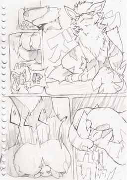 ambiguous_gender anthro duo feet feral foot_focus fur grin hindpaw interrobang micro paws smile stomping text restluck nintendo pokemon arcanine canid canine generation_1_pokemon generation_5_pokemon mammal minccino pokemon_(species) absurd_res comic hi_res japanese_text monochrome
