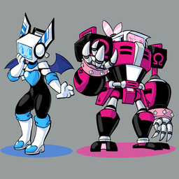:3 armwear bat_wings bodysuit claws clothed clothing cosplay crossdressing duo elbow_gloves female gloves grey_background handwear machine male membrane_(anatomy) membranous_wings screen screen_face simple_background skinsuit tight_clothing wings baronflint sega sonic_the_hedgehog_(series) avalon_(baronflint) camelot_(baronflint) e-123_omega rouge_the_bat humanoid robot robot_humanoid 1:1
