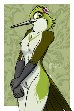 anthro breasts female floral_background flower flower_on_head green_background green_body green_eyes holding_wrist nude nude_female plant simple_background smile solo tail white_body fish_birb sarah_(fish_birb) apodiform avian bird hummingbird 2026 2:3 digital_drawing_(artwork) digital_media_(artwork) hi_res watermark