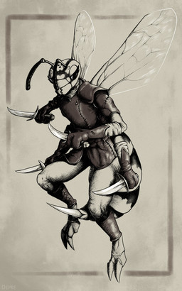 2_toes 3_fingers 4_arms antennae_(anatomy) anthro armor arthropod_abdomen clothed clothing compound_eyes dagger exoskeleton feet female fingers fully_clothed gloves handwear insect_wings leather leather_armor leather_clothing leather_gloves leather_handwear mandibles melee_weapon multi_arm multi_limb neckwear ocellis pupils segmented_body solo stinger toes weapon wings depre arthropod hymenopteran insect wasp 5:8 hi_res